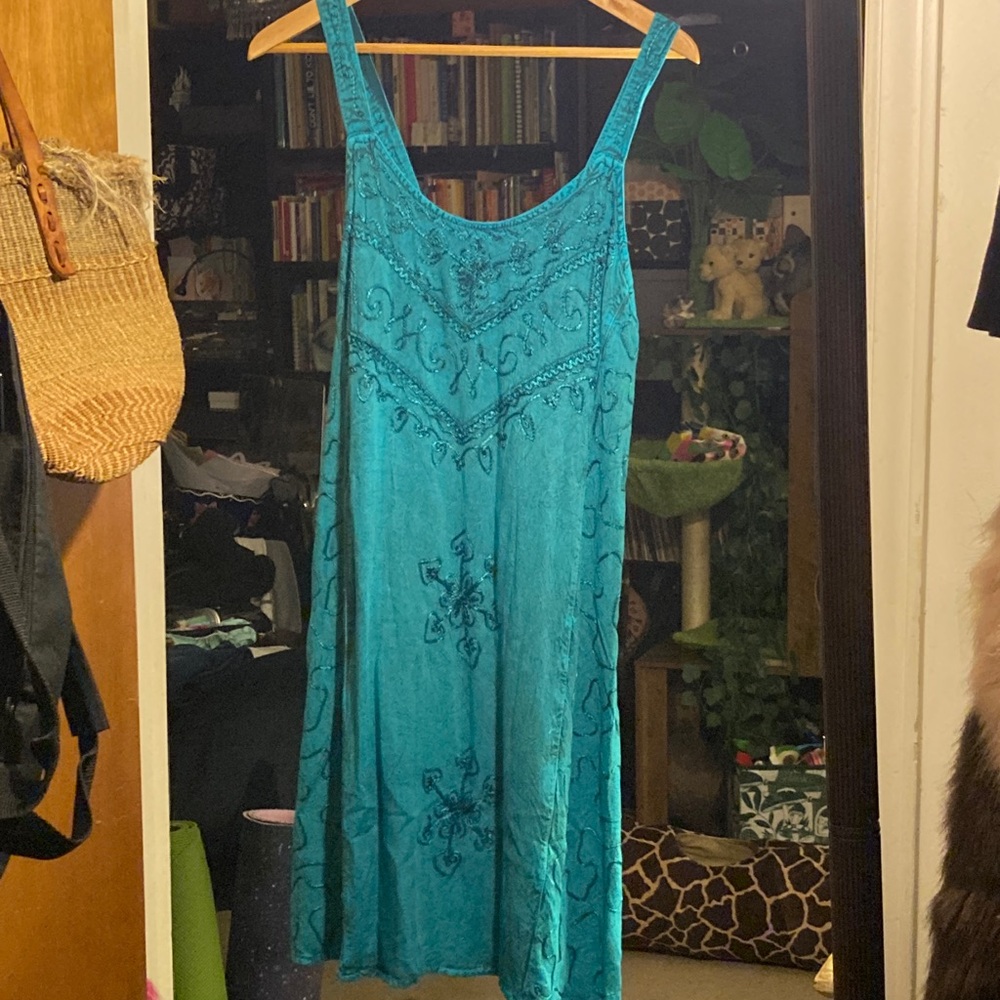 Boho Hippie Summer Beach Turquoise Embroidered Viscose, Gauze DRESS